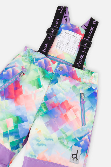 Close-up of the diamond-print snow pants waist, suspenders and zippered pocket