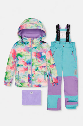 Deux par Deux girls' PLAY snowsuit with diamond-print jacket and turquoise and purple pants, front view