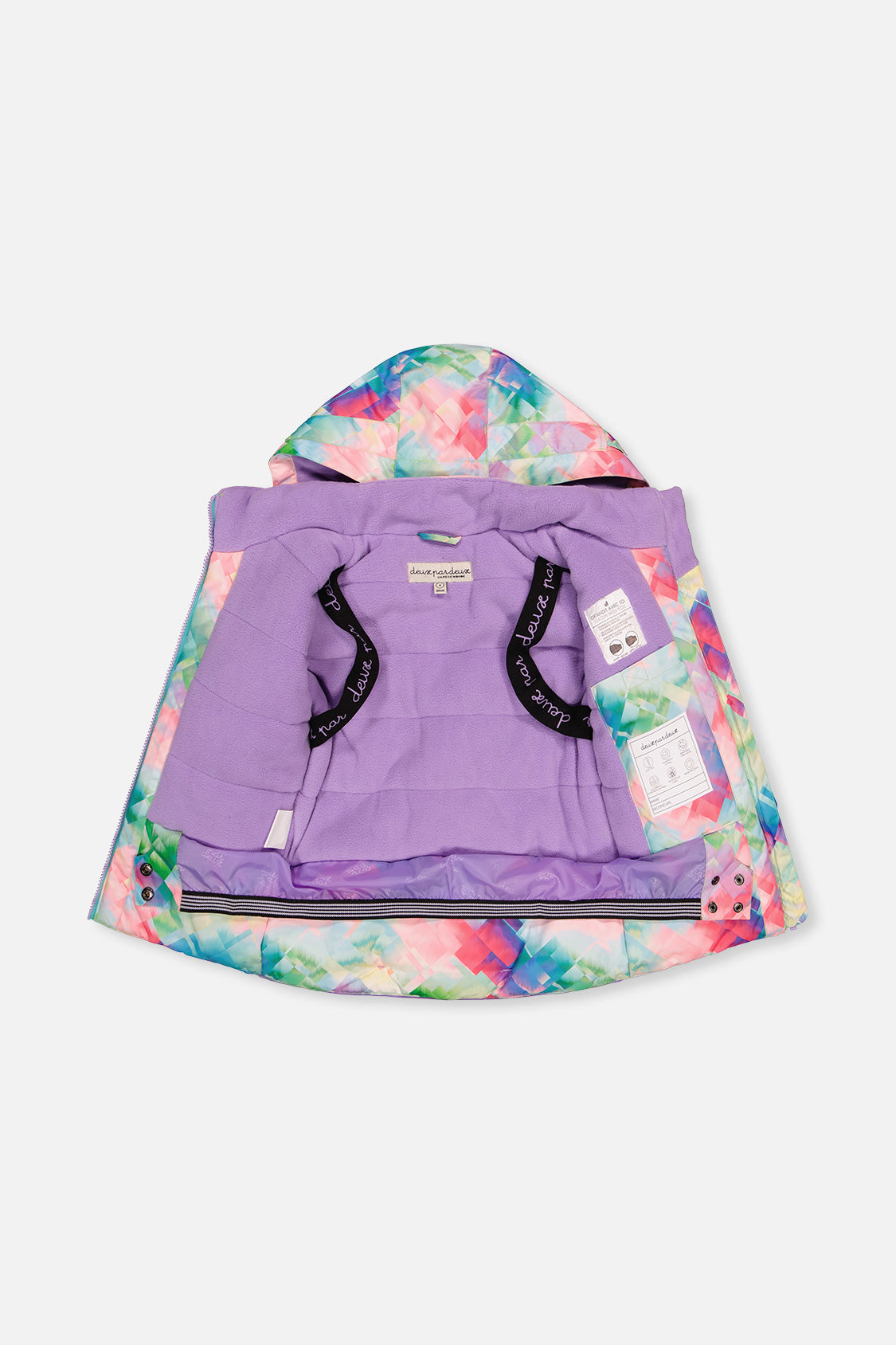 Deux par Deux girls' PLAY snowsuit with diamond-print jacket and turquoise and purple pants, additional angle