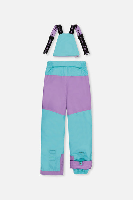 Turquoise PLAY bib snow pants with purple seat panel, back view