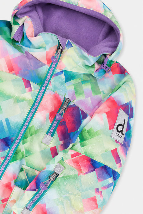 Close-up of the diamond-print PLAY jacket hood, front zipper and sleeve logo patch