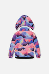 Deux par Deux girls' PLAY snowsuit with pink mountain-print jacket and black snow pants, alternate view