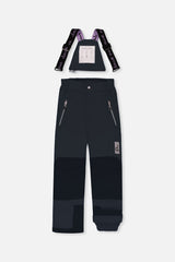 Deux par Deux girls' PLAY snowsuit with pink mountain-print jacket and black snow pants, another studio view