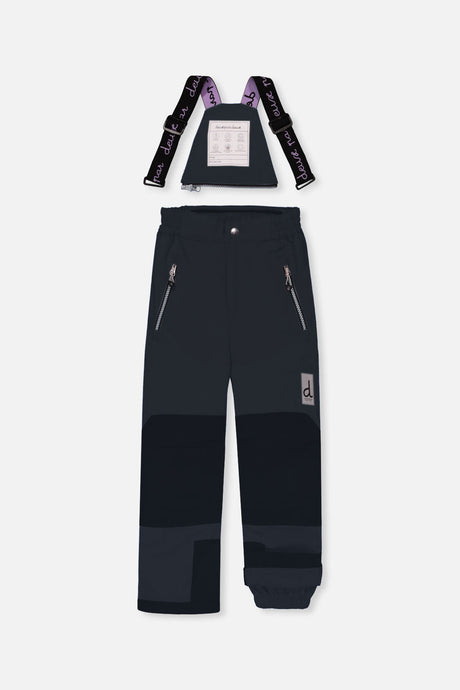 Black PLAY bib snow pants with suspenders and reinforced knees, front view