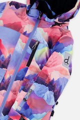 Deux par Deux girls' PLAY snowsuit with pink mountain-print jacket and black snow pants, additional studio angle