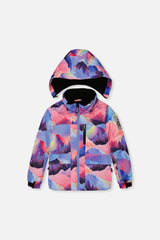 Deux par Deux girls' PLAY snowsuit with pink mountain-print jacket and blue snow pants, back view