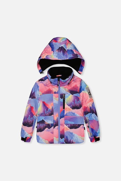 Pink mountain-print PLAY jacket with hood, front view