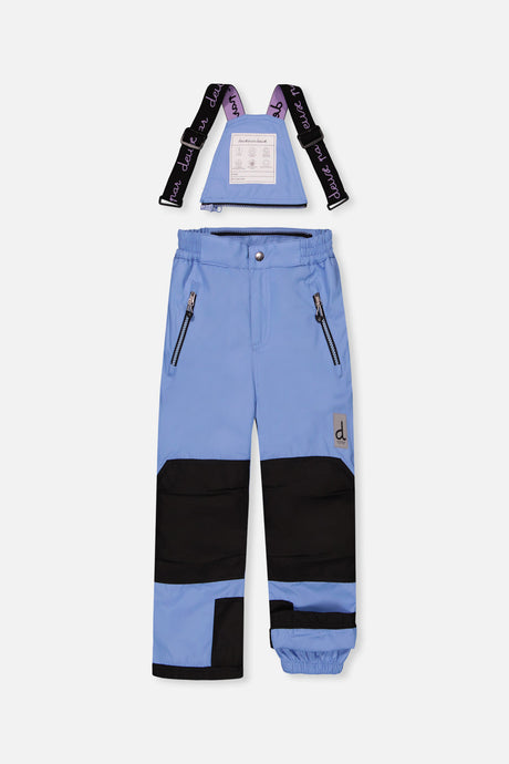 Blue PLAY bib snow pants with suspenders and black reinforced knees, front view