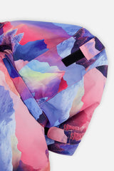 Deux par Deux girls' PLAY snowsuit with pink mountain-print jacket and blue snow pants, further studio view