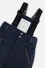 Close-up of the navy blue Deux par Deux PLAY snow pants waist, zippered pockets and suspenders