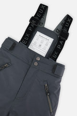 Close-up of the cool dark grey Deux par Deux PLAY snow pants waist, zippered pockets and suspenders