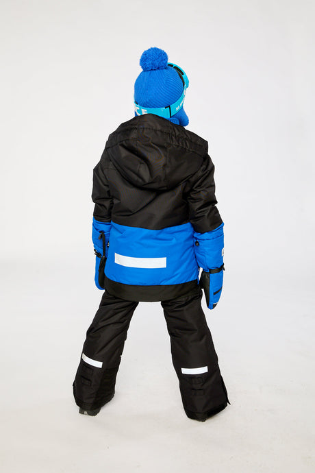 Deux par Deux boys' Teknik two-piece snowsuit in black and royal blue – on a child model, another view