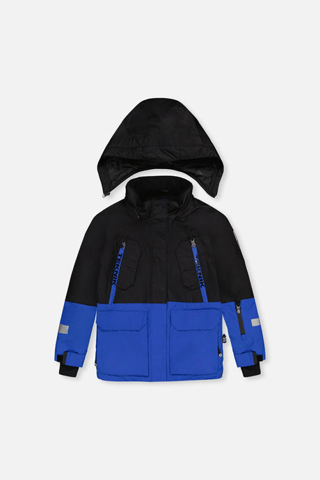 Deux par Deux boys' Teknik two-piece snowsuit in black and royal blue – jacket, front view