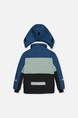 Back of the navy, pale green and black TEKNIK jacket with reflective band