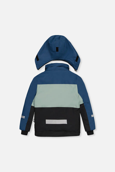 Back of the navy, pale green and black TEKNIK jacket with reflective band