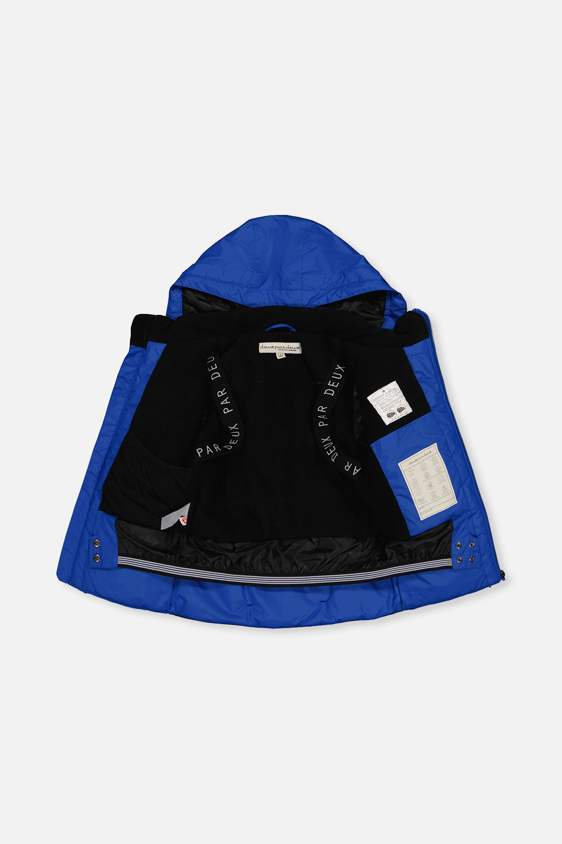 Royal blue TEKNIK jacket opened to show the black fleece lining and inner straps