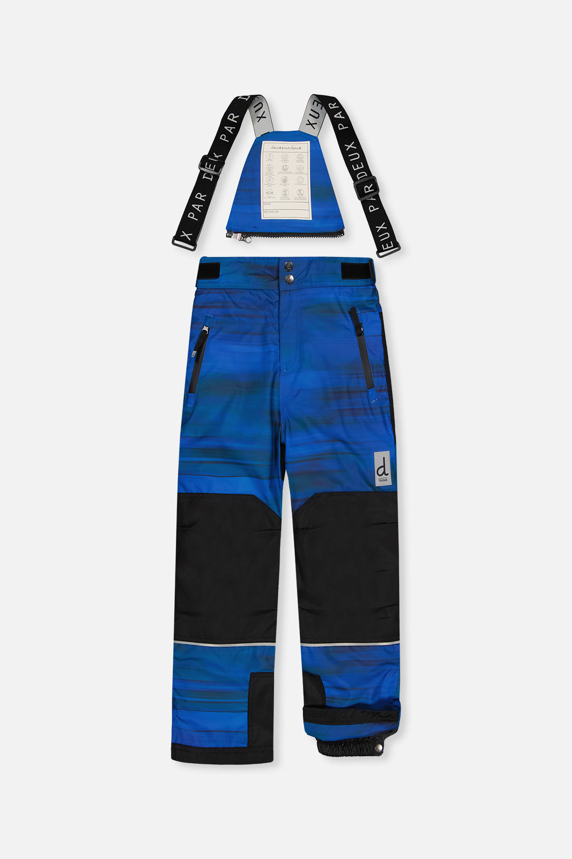 Blue printed TEKNIK snow pants with suspenders and black knee panels, front view