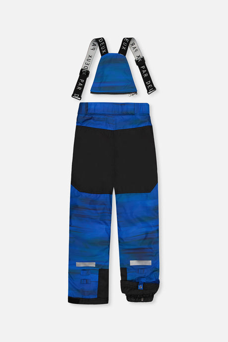 Back of the blue printed snow pants with suspenders and black reinforced seat