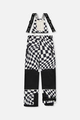 Black and white checkered snow pants for the TEKNIK snowsuit, front view with suspenders