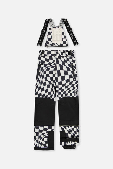 Black and white checkered snow pants for the TEKNIK snowsuit, front view with suspenders
