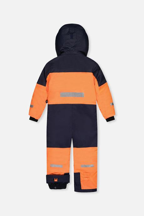 Deux par Deux boys' Teknik one-piece snowsuit in bright orange and blue – back view