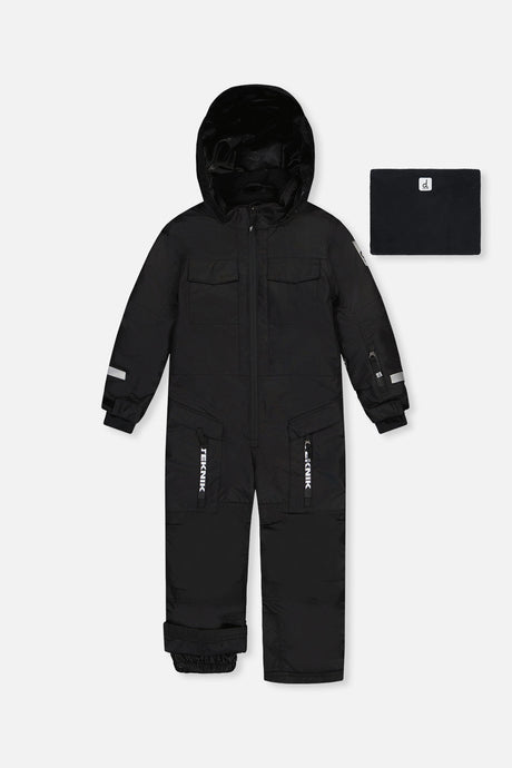 Deux par Deux kids' Teknik one-piece snowsuit in black – suit and neck warmer, front view