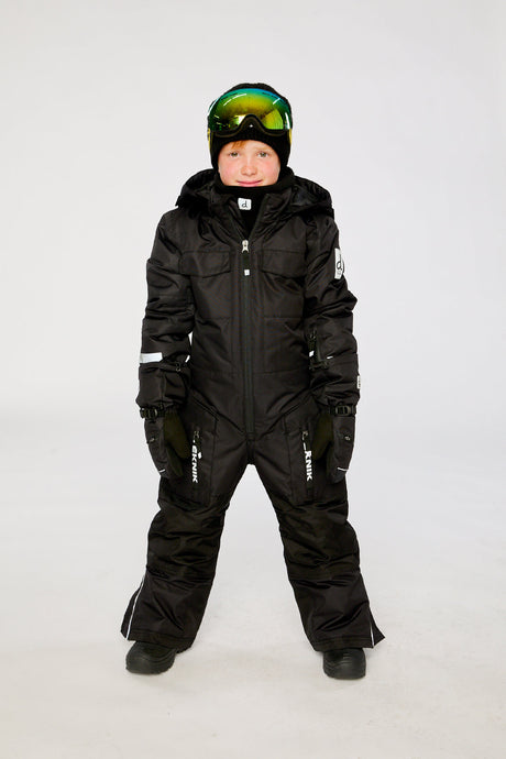 Deux par Deux kids' Teknik one-piece snowsuit in black – worn by a child model, full length