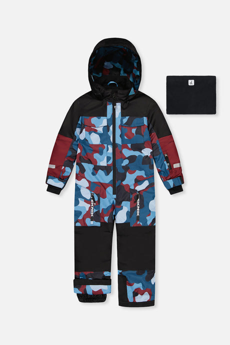 Deux par Deux boys' Teknik one-piece snowsuit in blue and red camouflage – suit and neck warmer, front view