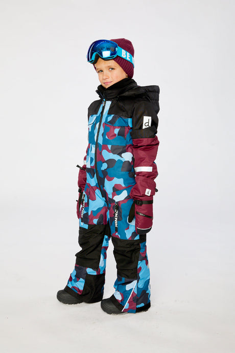 Deux par Deux boys' Teknik one-piece snowsuit in blue and red camouflage – on a child model, side view