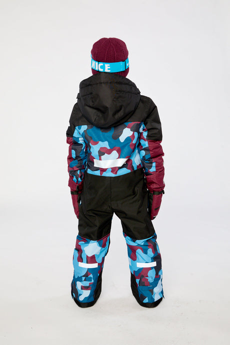 Deux par Deux boys' Teknik one-piece snowsuit in blue and red camouflage – on a child model, back view