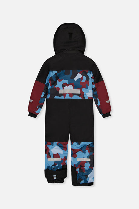 Deux par Deux boys' Teknik one-piece snowsuit in blue and red camouflage – back view