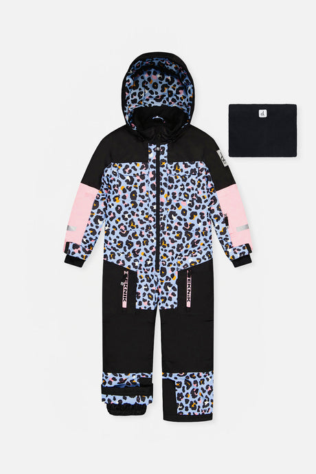Deux par Deux girls' TEKNIK one-piece snowsuit in blue leopard print – front view