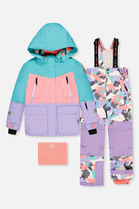 Deux par Deux girls' Teknik snowsuit, turquoise-orange-mauve color-block jacket, camo pants – jacket, snow pants and neck warmer, front view