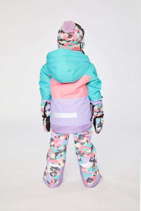 Deux par Deux girls' Teknik snowsuit, turquoise-orange-mauve color-block jacket, camo pants – on a child model, another view