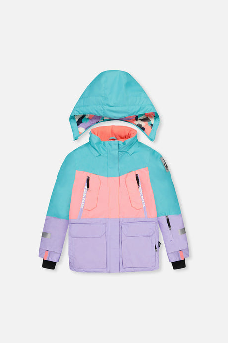 Deux par Deux girls' Teknik snowsuit, turquoise-orange-mauve color-block jacket, camo pants – jacket, front view