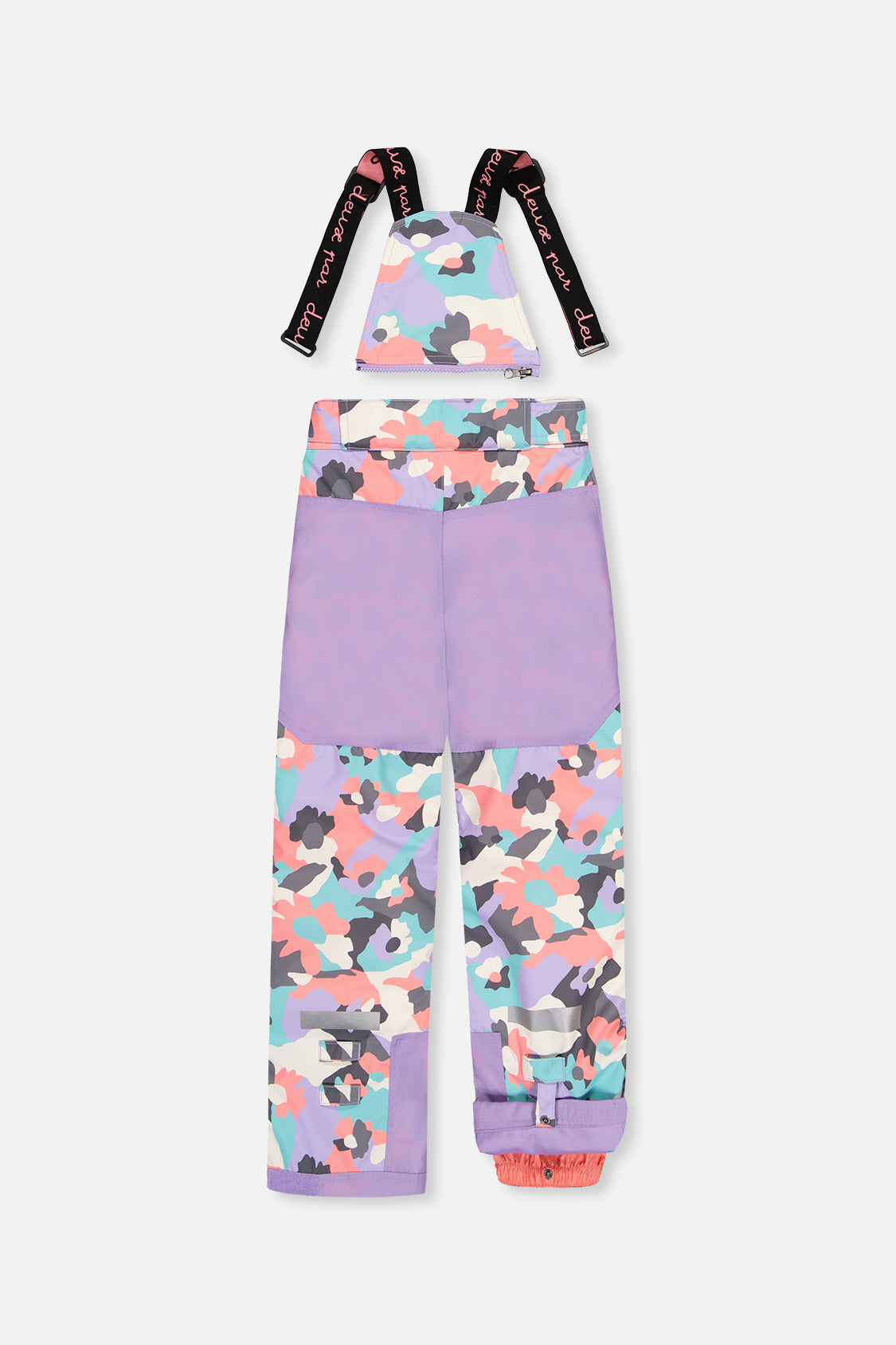 Deux par Deux girls' Teknik snowsuit, turquoise-orange-mauve color-block jacket, camo pants – snow pants, back view