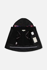 Deux par Deux girls' Teknik snowsuit, black jacket and pink-blue mountain print pants – jacket open to show the lining