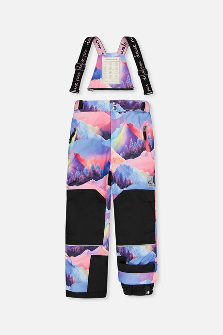 Deux par Deux girls' Teknik snowsuit, black jacket and pink-blue mountain print pants – snow pants with suspenders, front view