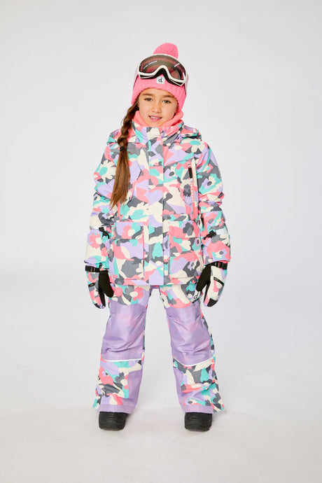 Deux par Deux girls' Teknik two-piece snowsuit in coral camouflage print with lilac panels – worn by a child model, full length