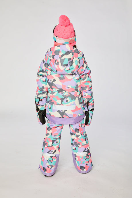 Deux par Deux girls' Teknik two-piece snowsuit in coral camouflage print with lilac panels – on a child model, another view