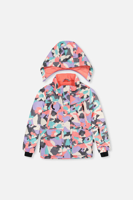 Deux par Deux girls' Teknik two-piece snowsuit in coral camouflage print with lilac panels – jacket, front view