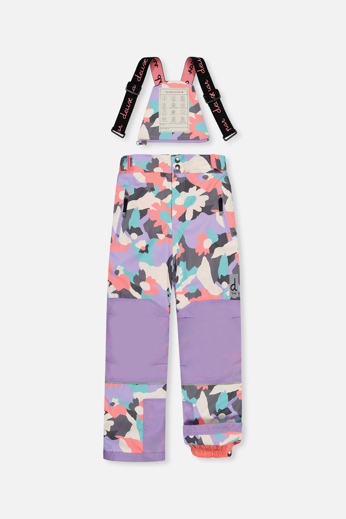 Deux par Deux girls' Teknik two-piece snowsuit in coral camouflage print with lilac panels – snow pants, back view