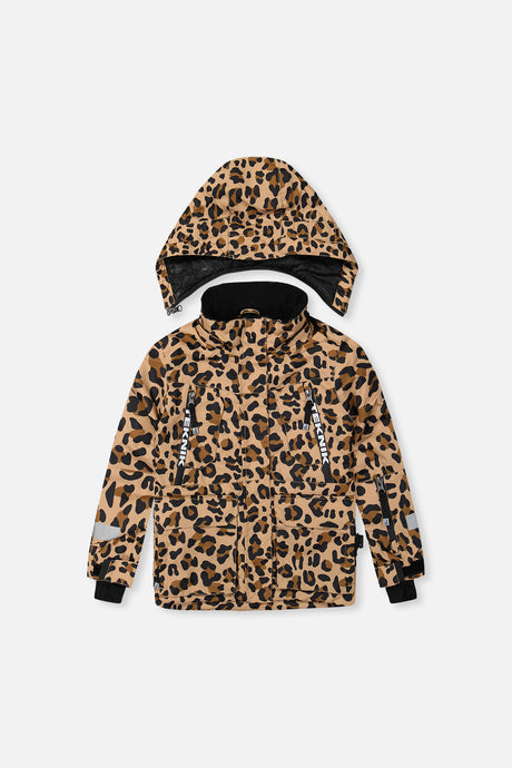 Deux par Deux girls' Teknik two-piece snowsuit, leopard print jacket with black pants – jacket, front view