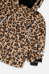 Deux par Deux girls' Teknik two-piece snowsuit, leopard print jacket with black pants – jacket detail close-up