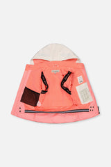 Off-white and pink TEKNIK jacket opened to show the fleece lining, inner straps and pocket