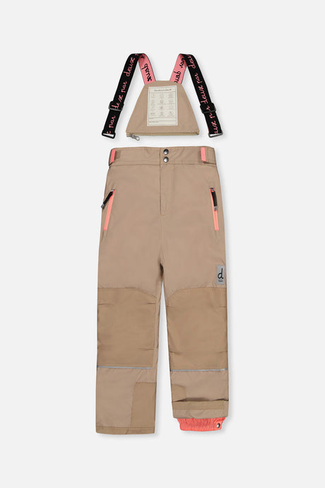 Taupe snow pants for the TEKNIK snowsuit, front view with suspenders