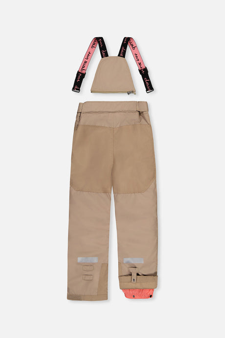 Back of the taupe snow pants with suspenders and reinforced seat