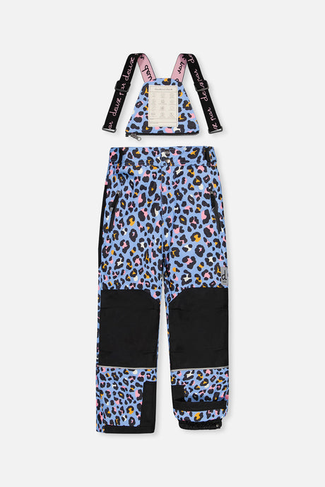Blue leopard print snow pants for the TEKNIK snowsuit, front view with suspenders