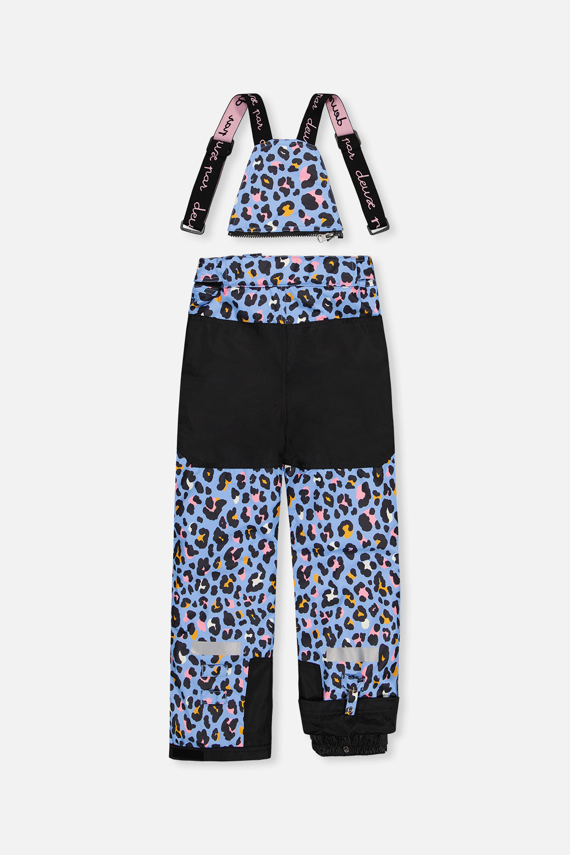 Back of the blue leopard print snow pants with suspenders and reinforced seat