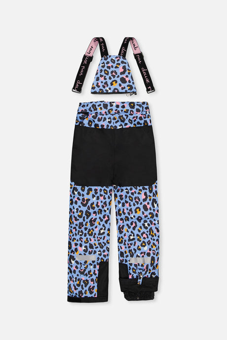 Back of the blue leopard print snow pants with suspenders and reinforced seat